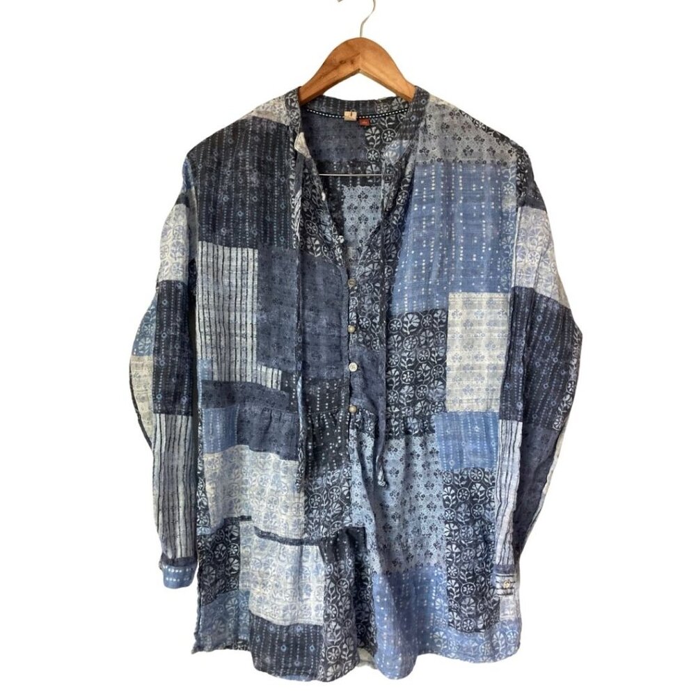 Pilcro Anthropologie Colorblock Patchwork Tunic Top Blue Long Sleeve S